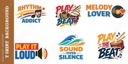 Foto Upbeat music typography vector bundle with drum and sound speaker graphic elements set