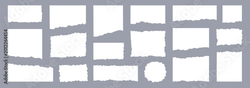 Paper frame rip collage set. Hand drawn paper frame rip cut tear white sheet texture edge. Torn vintage scrap note picture label memo scrapbook grunge background. Vector