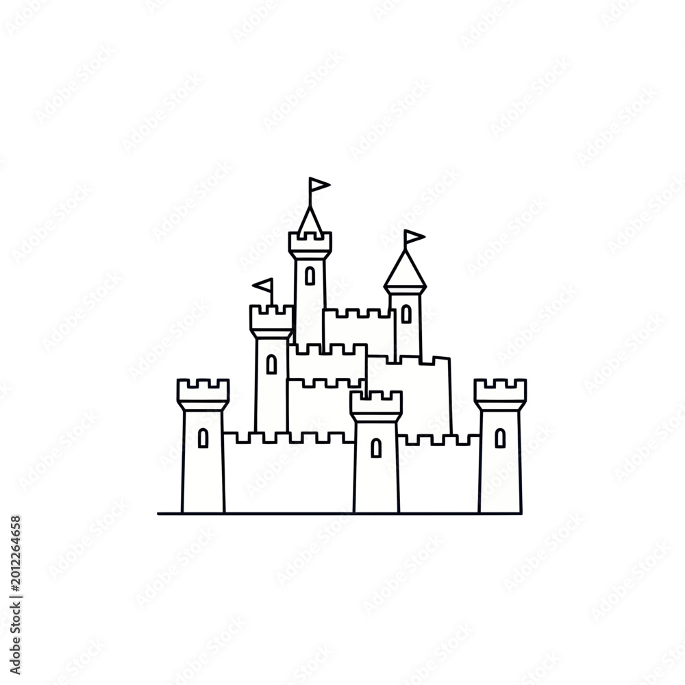 Fototapeta premium Fantasy Castle Icon, Simple Line Art, Medieval Fortress Outline