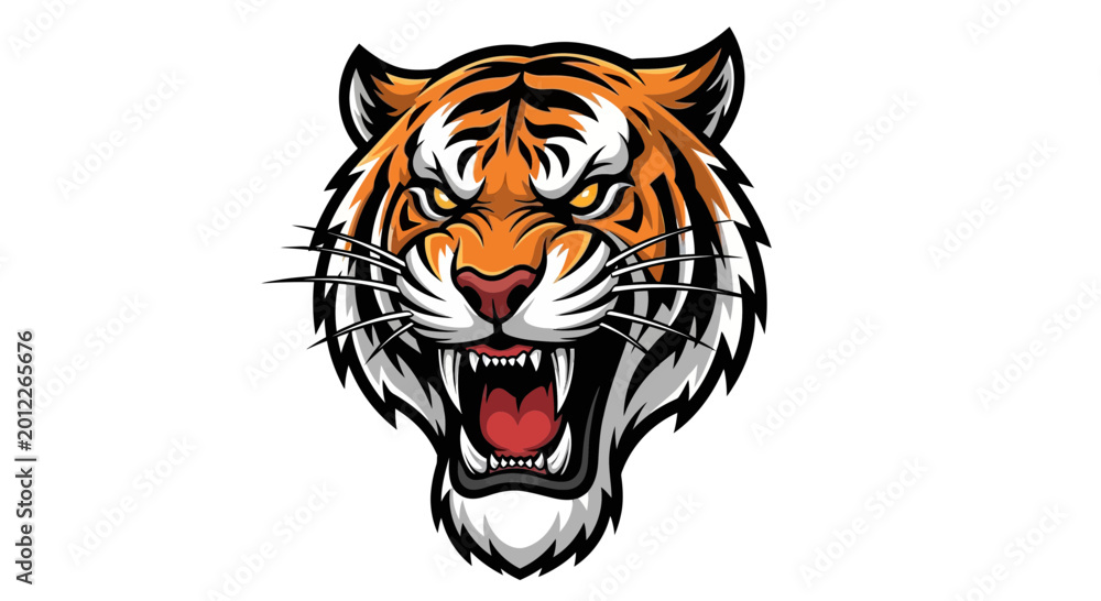 Fototapeta premium Fierce Tiger Head Roaring Aggressively, Wild Animal Portrait