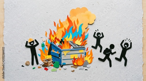 Fotografia Dumpster fire: a metaphor for a situation that is out of control, disastrous, and poorly managed, creating a chaotic spectacle of failure that causes panic and frantic avoidance