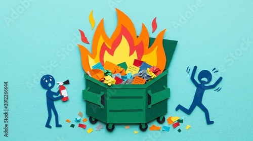 Total dumpster fire: a metaphor for an irredeemable disaster or a chaotic situation that is hilariously beyond control, requiring urgent damage control to stop the spread of failure.