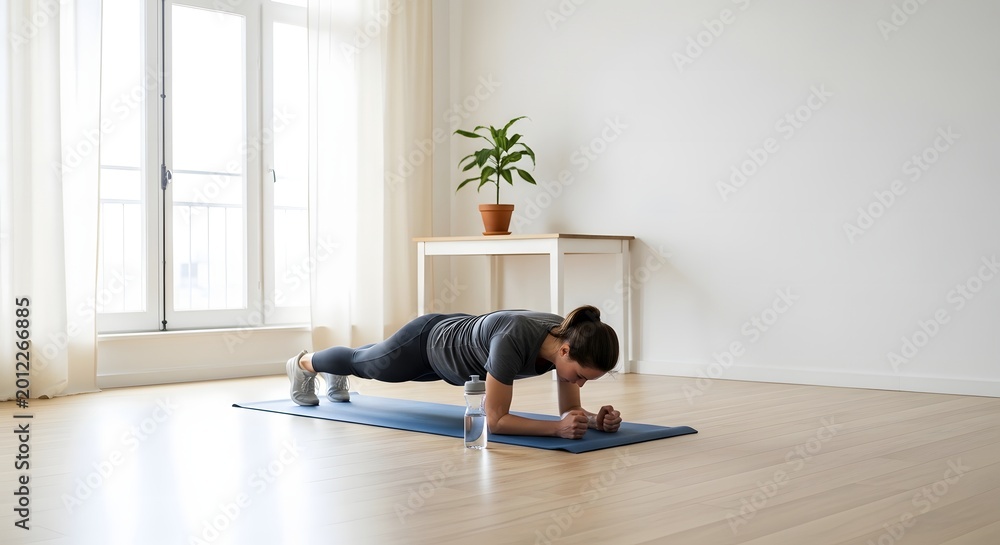 Obraz premium Young Woman Doing Plank Exercise In Bright Apartment