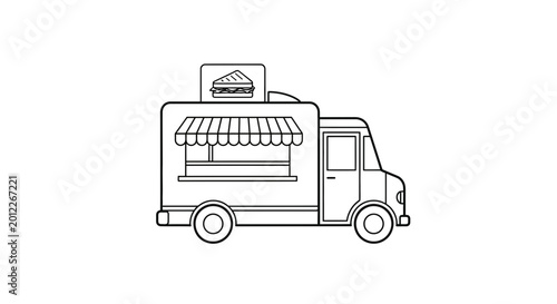 Outline food truck with sandwich sign and awning, simple line art illustration