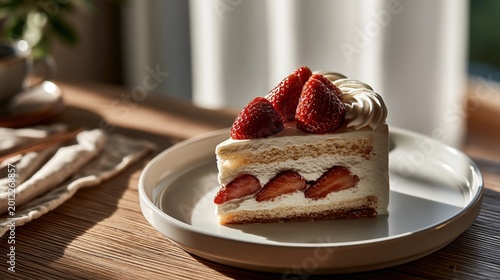 皿に乗った苺のショートケーキ