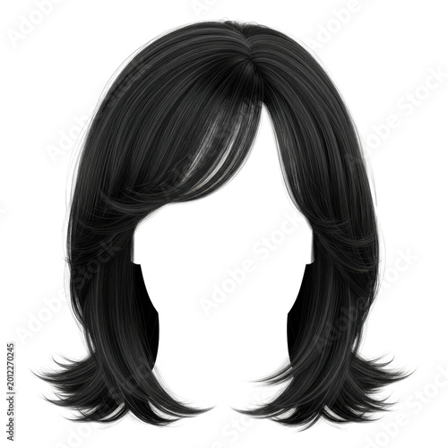 long straight black human hair wig with full bangs isolated on transparent background