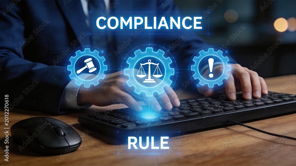Fototapeta premium Businessman typing on keyboard with holographic compliance and rule interface digital law concept legal regulation corporate governance technology justice data protection