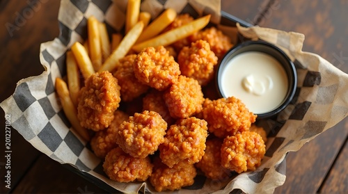 fried popcorn chicken with sauce