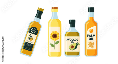 Obraz na płótnie Assortment of Cooking Oils: Olive, Sunflower, Avocado, Palm Oil Bottles