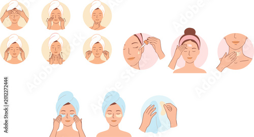 Woman Skincare Routine and Facial Massage Vector Set with Beauty Treatment and Cosmetic Care Illustrations