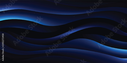 A flowing dark blue abstract background features a smooth silk texture with soft satin curves and light wave patterns for a modern textile wallpaper design