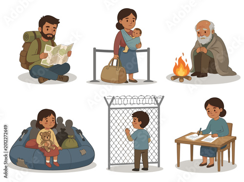 Refugee journey diverse people multicultural displaced. Young adult male backpack map, mother baby border, elder near fire. Child inflatable raft holding toy, boy fence, adult woman filling