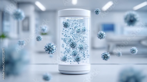 Virus spread control concept, air purification system filtering microscopic particles, ultra realistic visualization of airflow and filtration, modern technology, clean white interior, medical technol