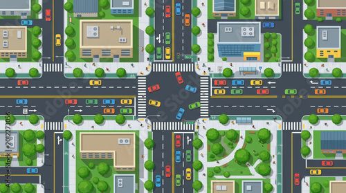 Foto Aerial view of a busy city intersection with traffic and buildings