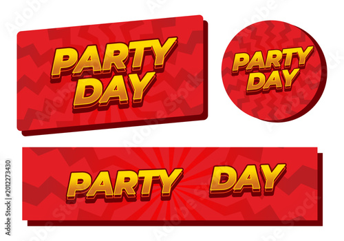 Three red party themed banners with bold gold 3d text reading party day on patterned red backgrounds rectangular