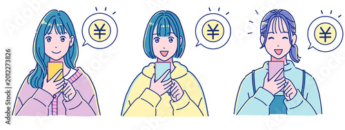 スマホでお金を使う・稼ぐ若い女性のセット