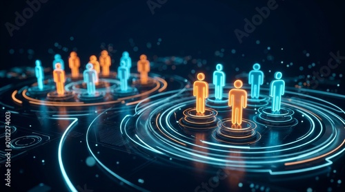 Advanced customer segmentation analysis using glowing holographic digital interfaces.