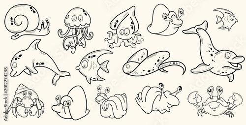 Photography Cute sea animal doodle set with dolphin, jellyfish, crab, fish, octopus, and shells