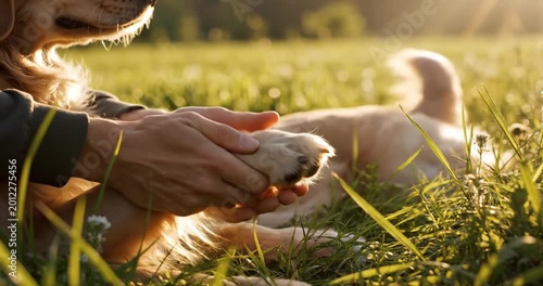 Person gently holding a dog's paw in a sunlit grassy field during a peaceful outdoor moment
