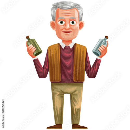elderly man with grey hair holds two bottles