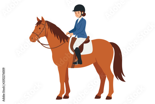 Konstfotografi Rider horseback equestrian female riding horse wearing helmet blue jacket