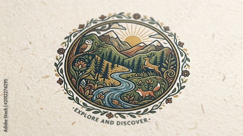 Vintage wilderness emblem with mountains and forest, rustic outdoor adventure logo on textured paper, circular nature illustration with fox and owl