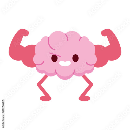Muscular brain flexing arms cartoon illustration