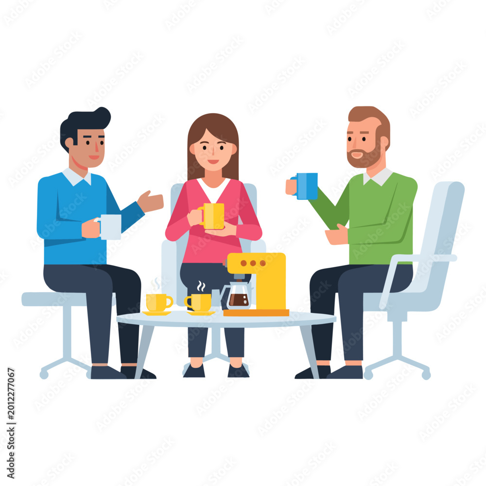 Fototapeta premium Three Colleagues Having Coffee Break and Talking in Office Illustration.