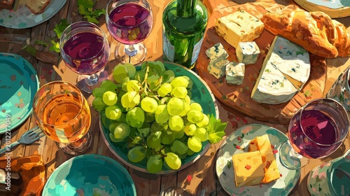 Top-down view of a cozy dinner table with grapes, cheese, wine glasses, and elegant table setting, warm inviting atmosphere, realistic dslr food styling, high-quality cinematic composition