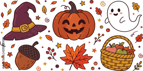 Foto Cute Halloween autumn collection with ghost jack o lantern witch hat apple baske