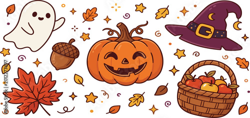 Foto Cute Halloween autumn set with ghost jack o lantern witch hat apple basket and f