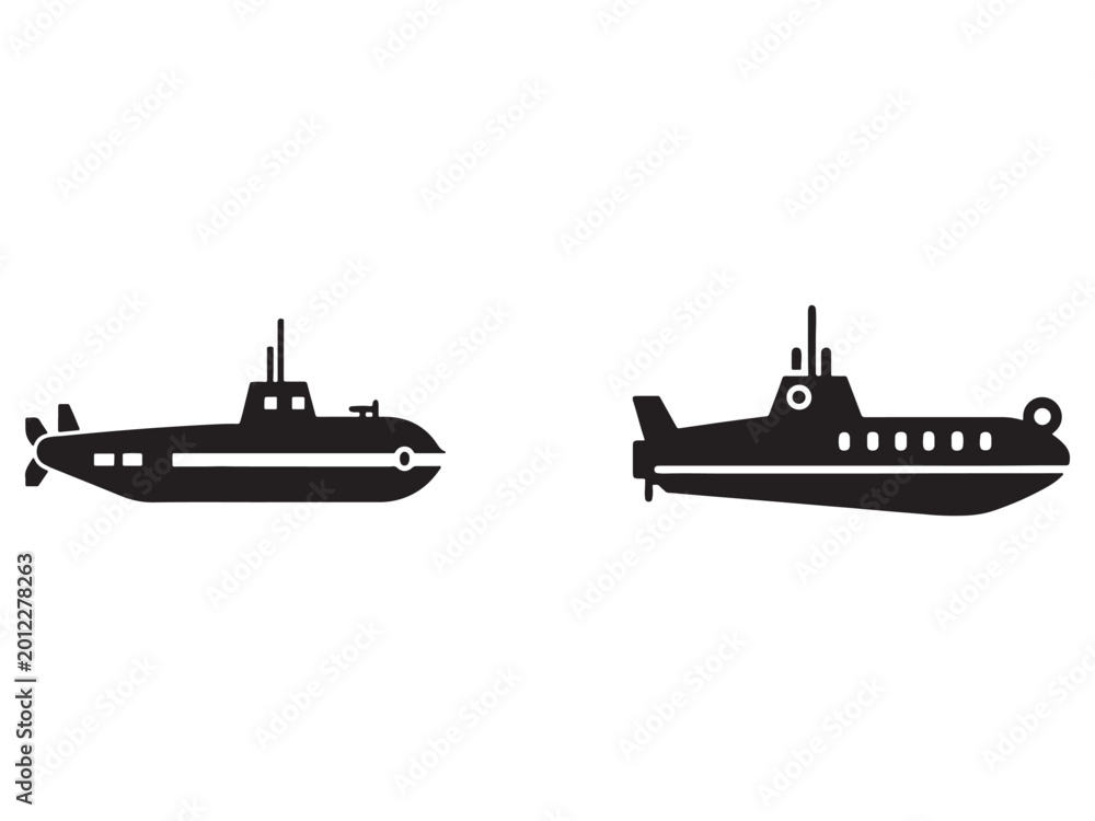 Fototapeta premium Two black submarine silhouettes side by side on white background naval vessels underwater exploration oceanography marine technology