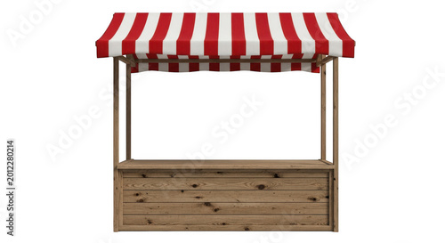 Wooden market stall with red and white awning