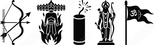 Foto flat vector icon set of Dussehra symbols, including a bow and arrow, a burning e