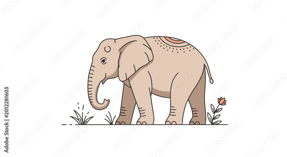 Fototapeta premium Stylized Elephant Walking in Grass with Flower - Minimalist Illustration