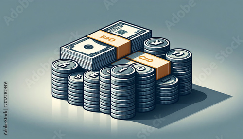 A neatly organized arrangement of thick metallic coins and bundled paper cash resting on a sleek studio surface representing massive financial wealth and banking security.