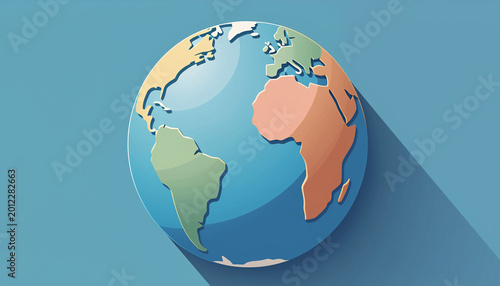 Bright clean studio lighting illuminating a minimalist paper craft model of planet Earth casting a long elegant shadow against a smooth blue background for global concepts.