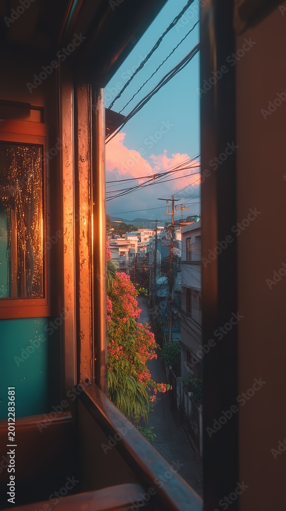 Obraz premium View from moving old bus window rain drops nostalgic 1990s China residential buildings chaotic wires giant white balloon in distance moody emotional film grain chromatic aberration soft focus CCD