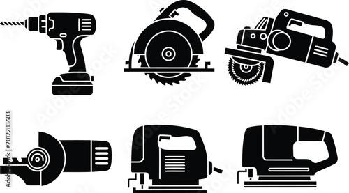 Photos flat vector icon set of power tool symbols, including a cordless drill, a circul