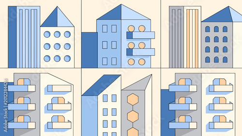 Foto A modern minimalist illustration featuring blue and grey geometric shapes, ideal for a clean corporate background or web design