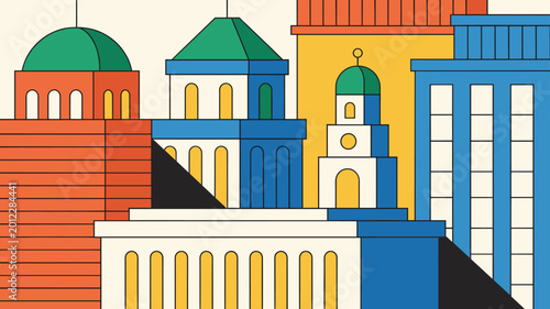 A modern minimalist vector illustration of colorful building facades, perfect for creative corporate branding and web design.