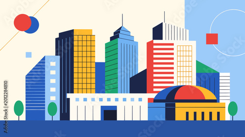 A minimalist flat vector illustration of city buildings under a bright sky, perfect for corporate branding and urban web design.