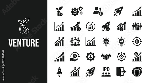 Venture icons illustrate financial growth and corporate development.