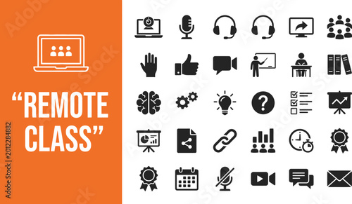 Remote class icons represent digital education and virtual learning.