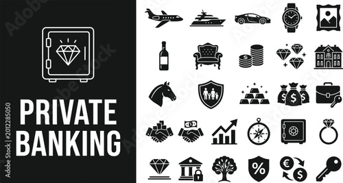 Private banking icons represent high net worth financial management.