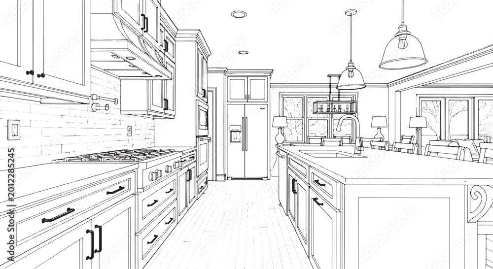 Fototapeta premium Modern kitchen interior line drawing featuring a large central island cabinetry appliances and pendant lighting for architectural design project presentation
