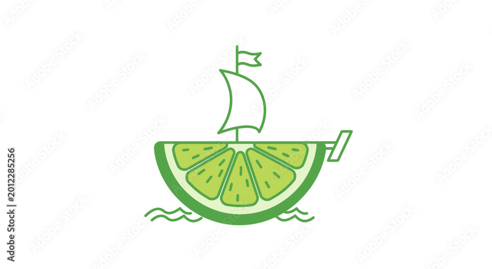 Obraz premium Creative Lime Slice Boat Sailing on Water Waves, Healthy Food Concept