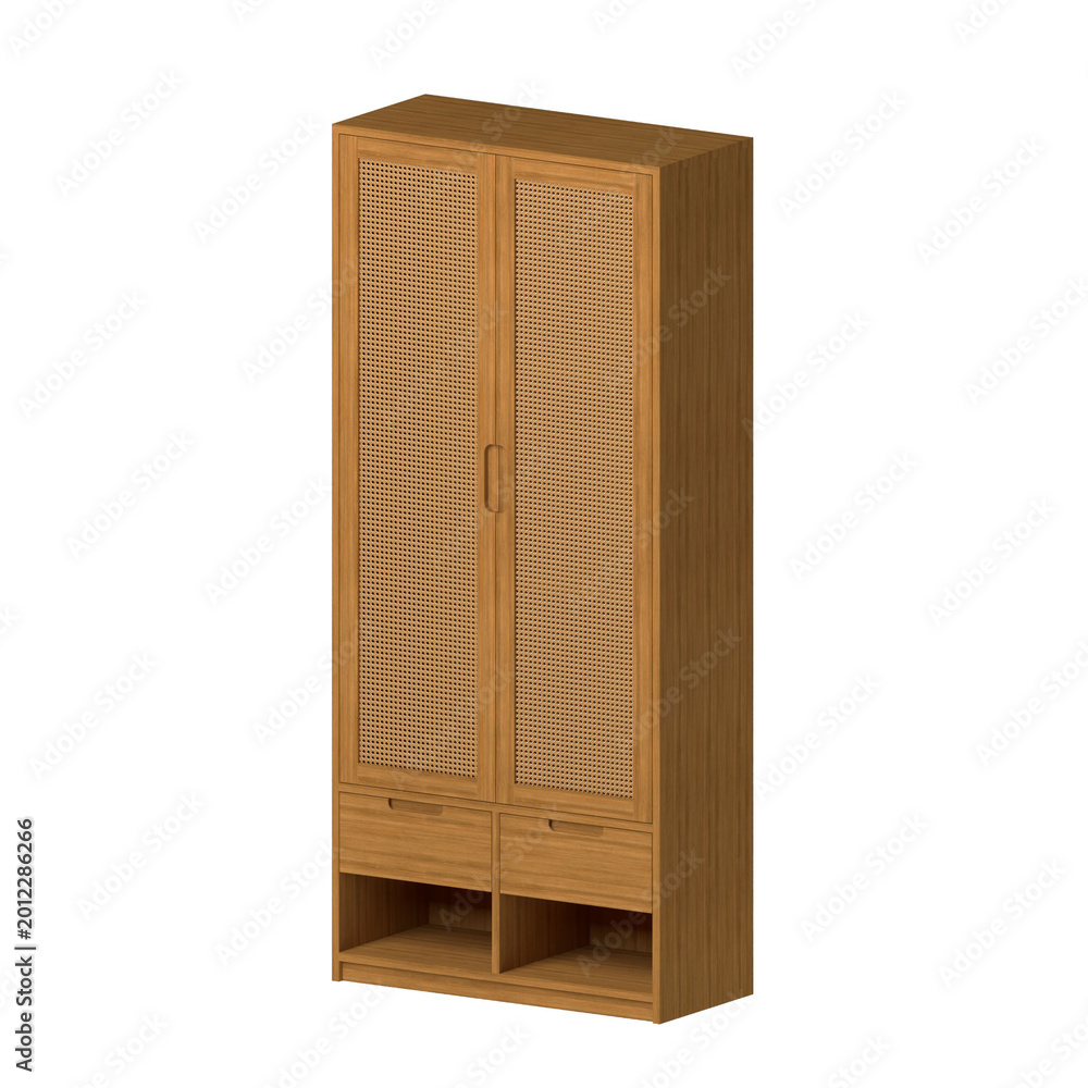 Fototapeta premium Perspective view of teak wardrobe with two drawers and two doors featuring timeless wood texture and durable construction.