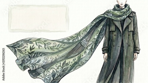Fashion designer watercolor sketch, concept art of an elegant antimsmog air purifying scarf with botanical motifs.High definition Area for copy space