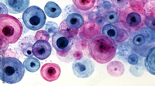 Scientific cellular background with floating small cells in purple and blue hues on a clean white surface, minimalist composition with clear central area for design, modern biology concept